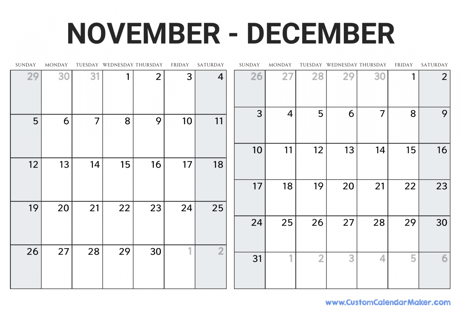 November and December  Printable Calendar Template