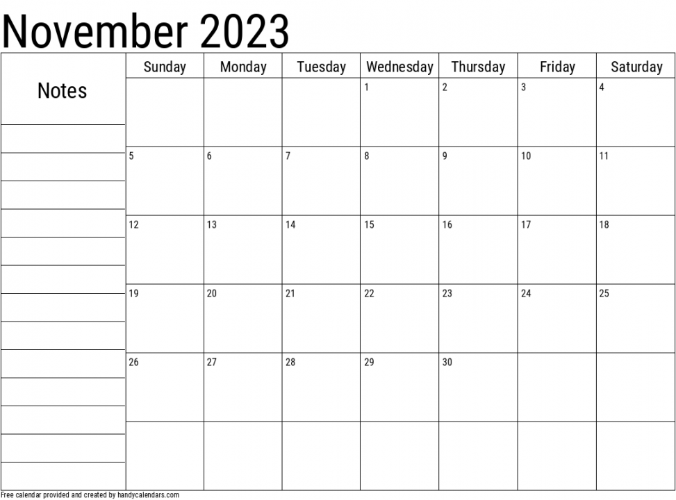 November  Calendar With Notes - Handy Calendars