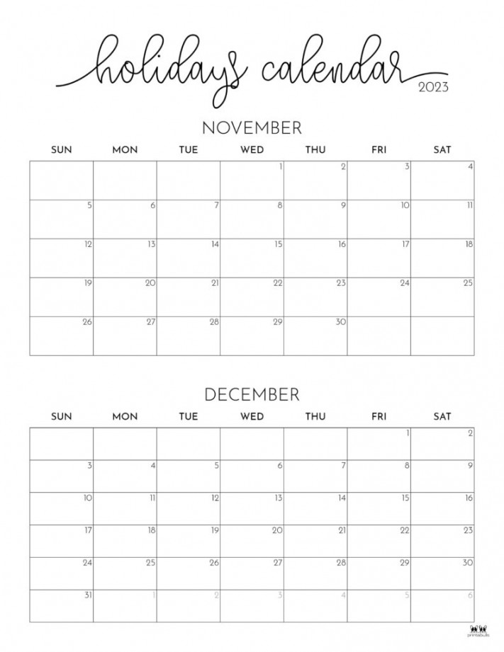 November December  Calendars -  Printables  Printabulls
