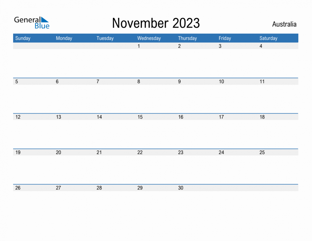 November  Monthly Calendar with Australia Holidays