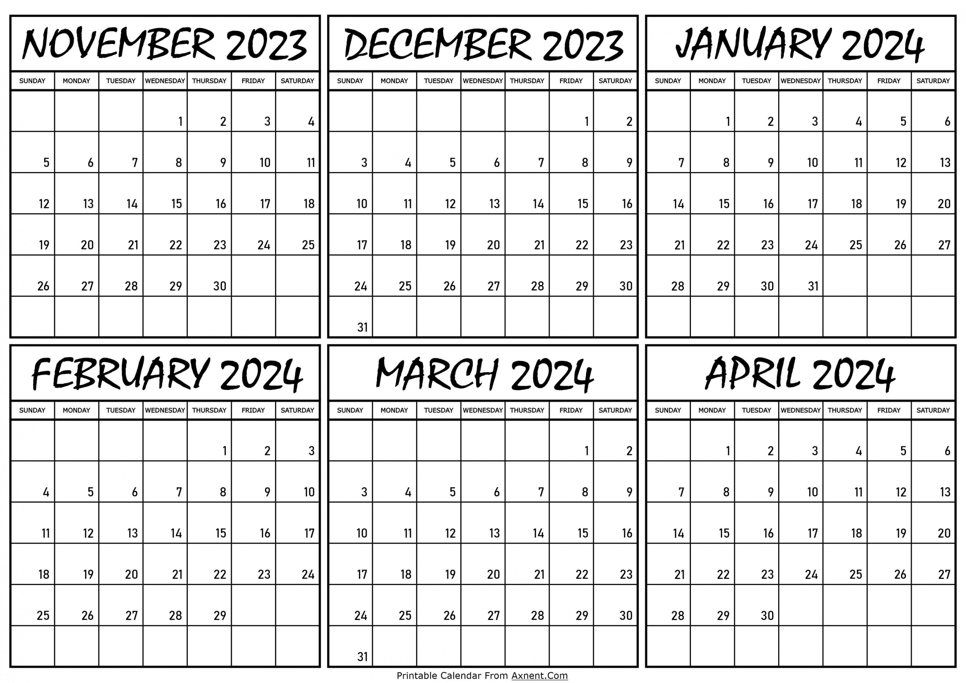 November  To April  Calendar Templates - Six Months