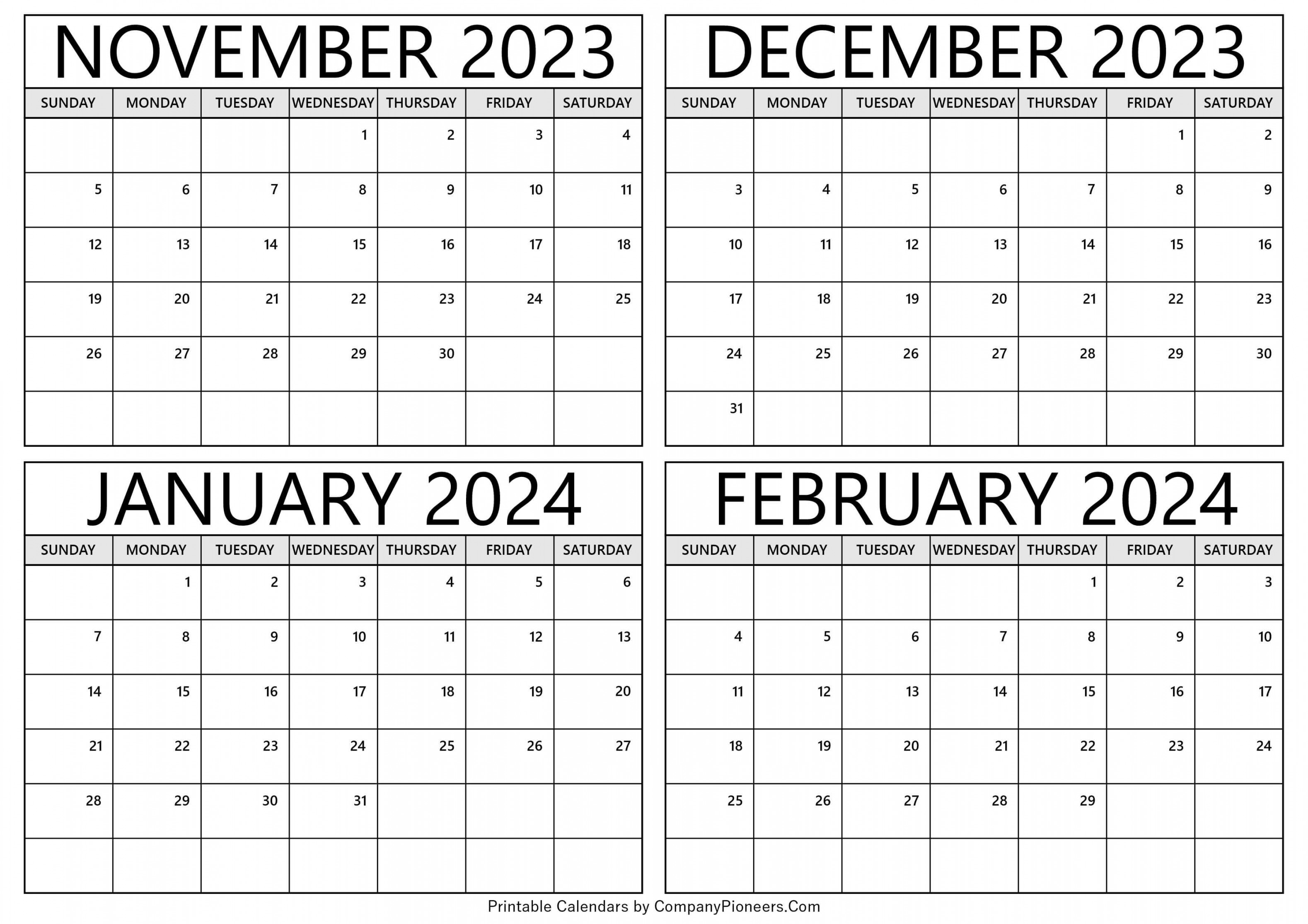 November  to February  Calendar Printable - Template