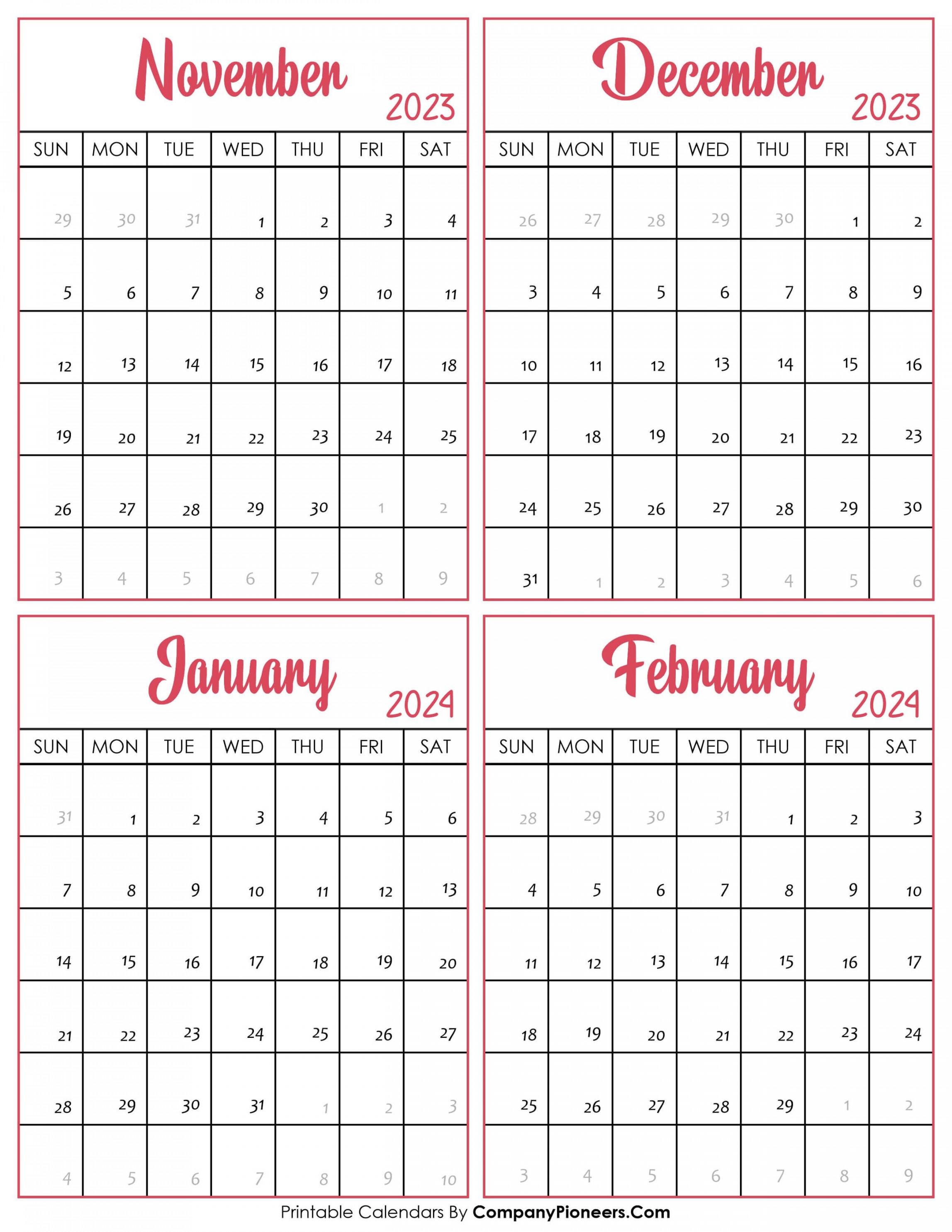 November  to February  Calendar Printable - Template
