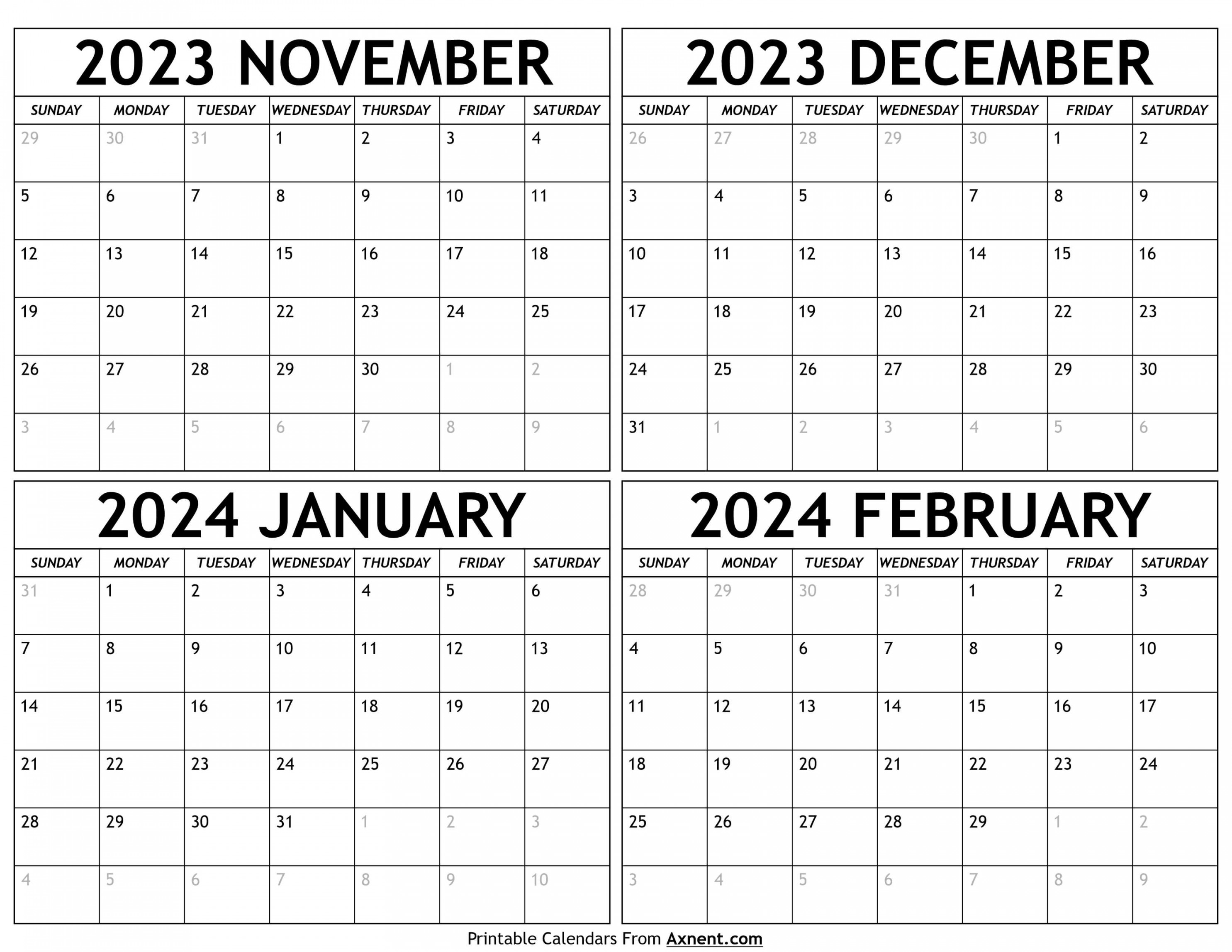 november to february calendar templates four months