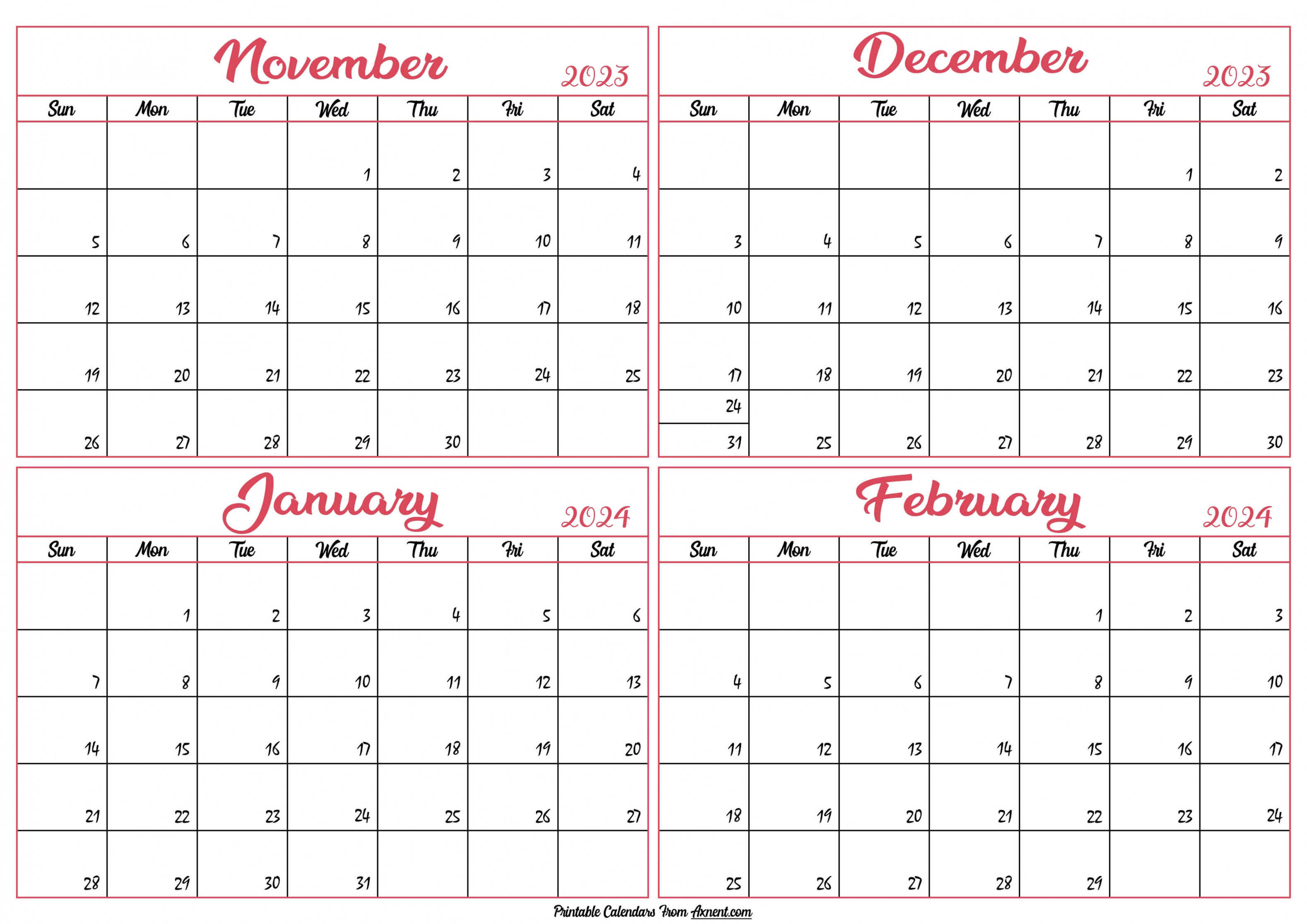 November  To February  Calendar Templates - Four Months