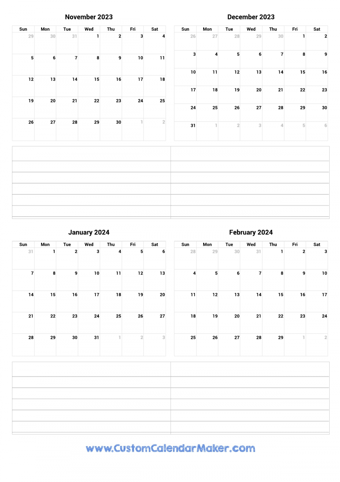 November  to February  Printable Calendar