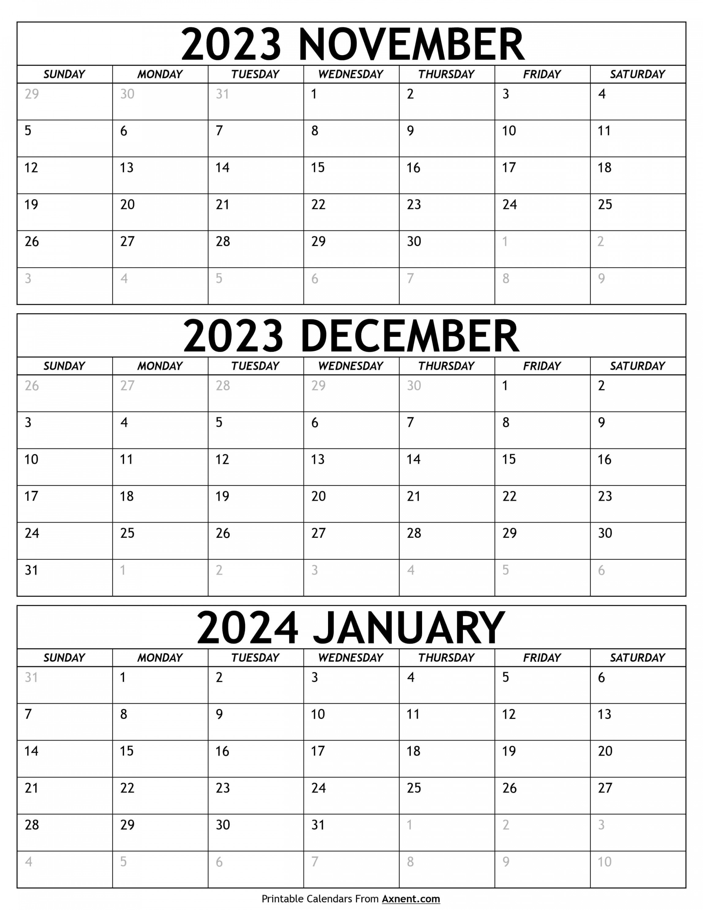 november to january calendar templates three months 2