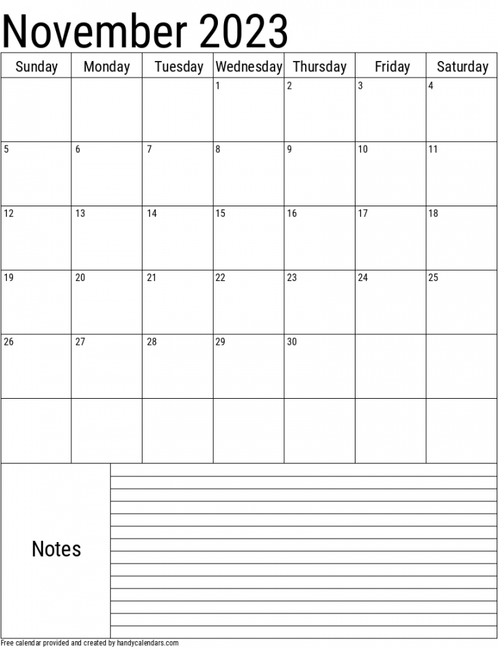 November  Vertical Calendar With Notes - Handy Calendars