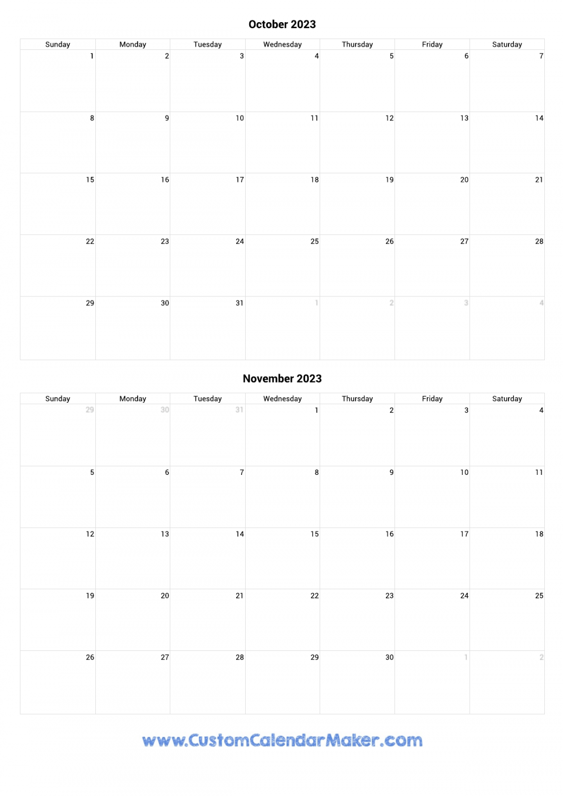 October and November  Printable Calendar Template