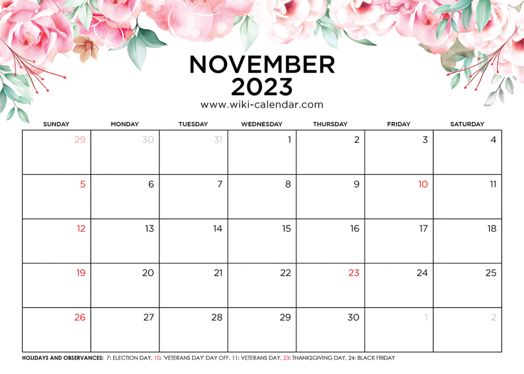 Printable November  Calendar Templates with Holidays - Wiki