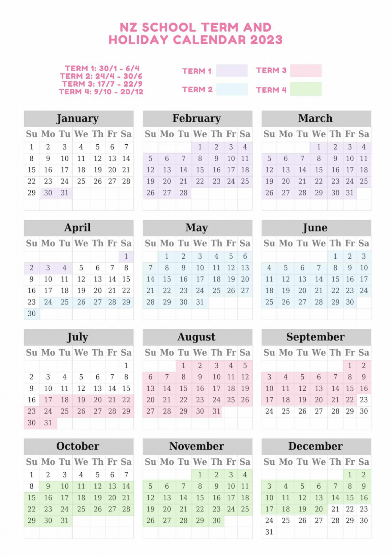 School Terms and Holidays NZ -  Printable Calendars