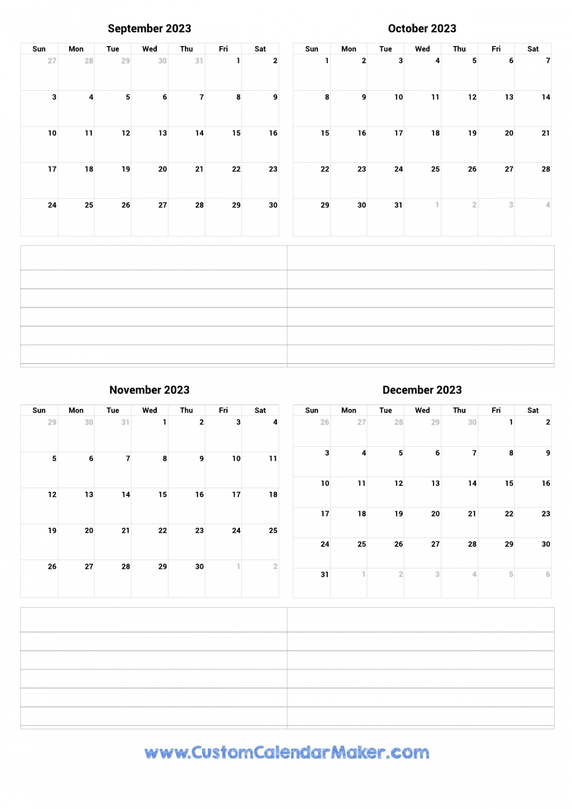 september to december printable calendar