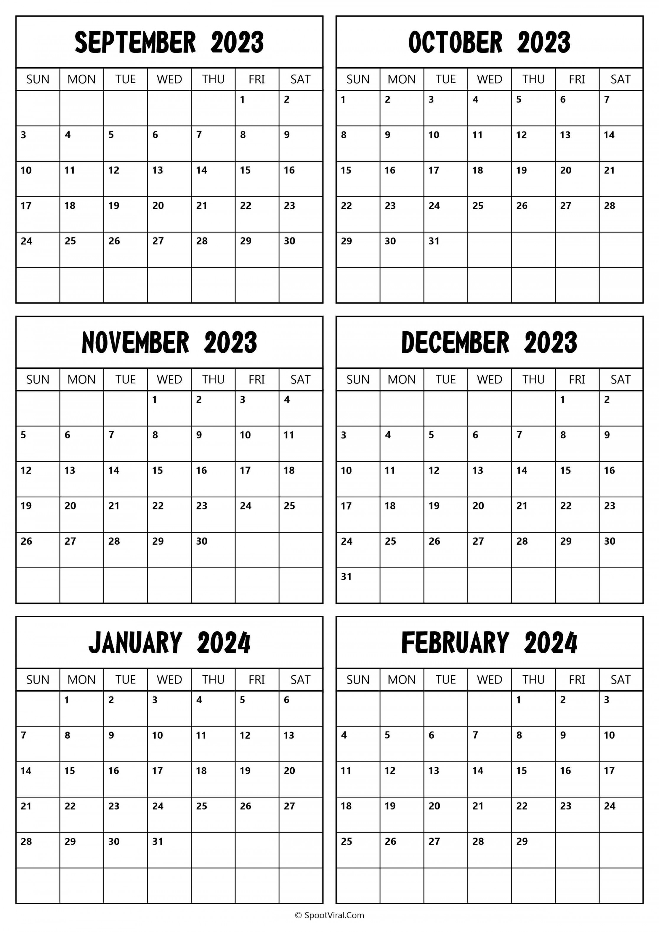 September  To February  Calendar Templates - SpootViral