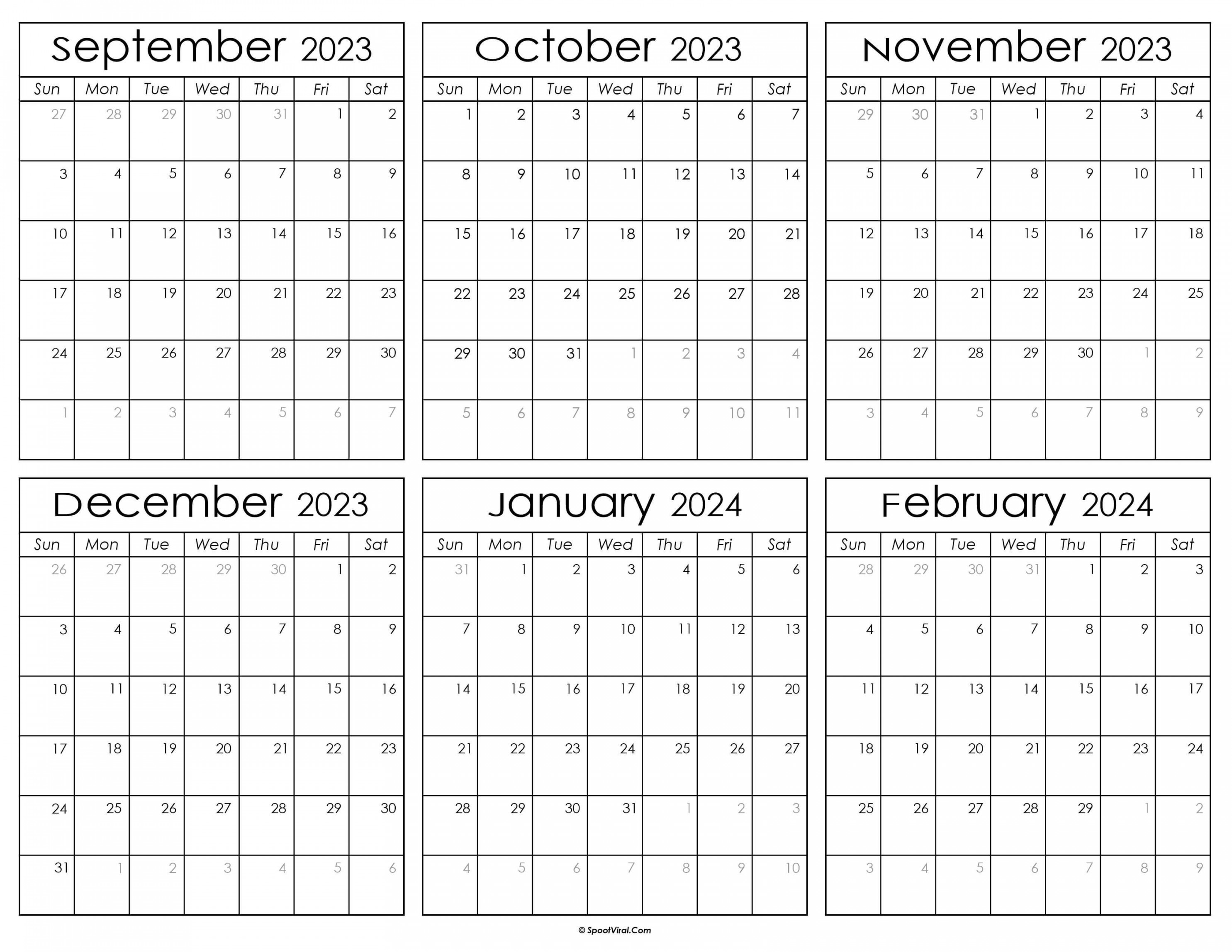 September  To February  Calendar Templates - SpootViral