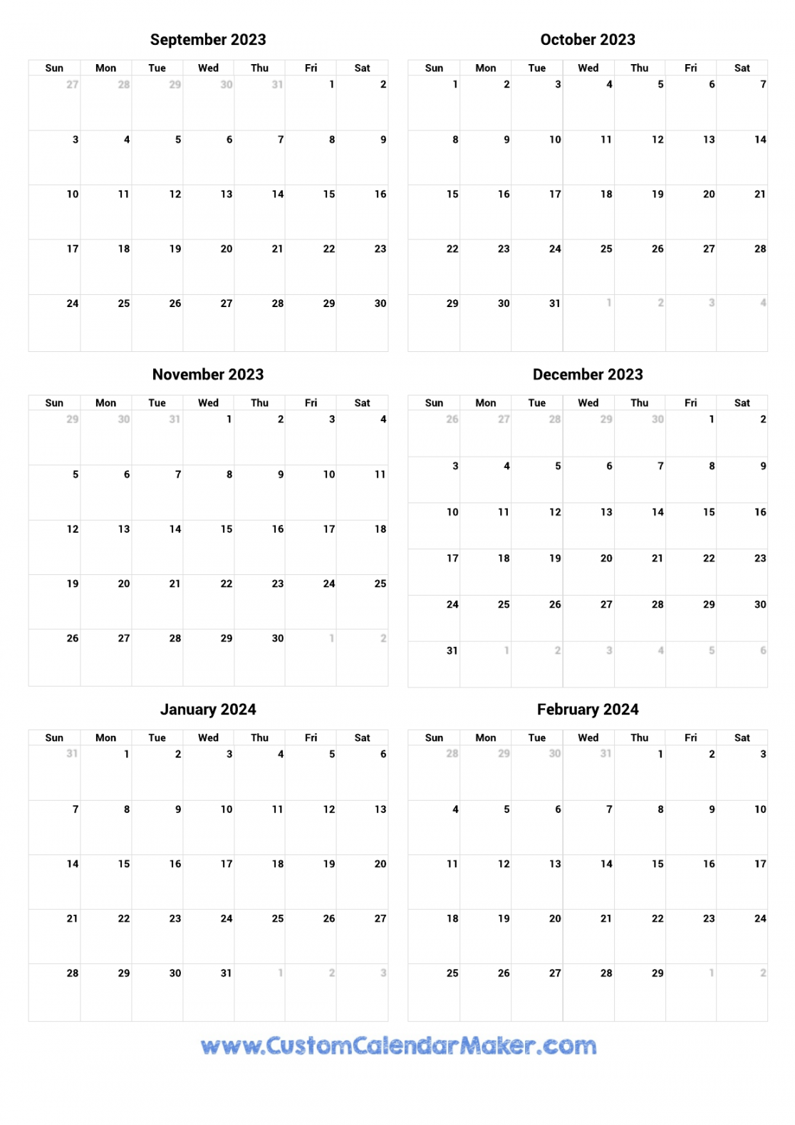 September  to February  Printable Calendar