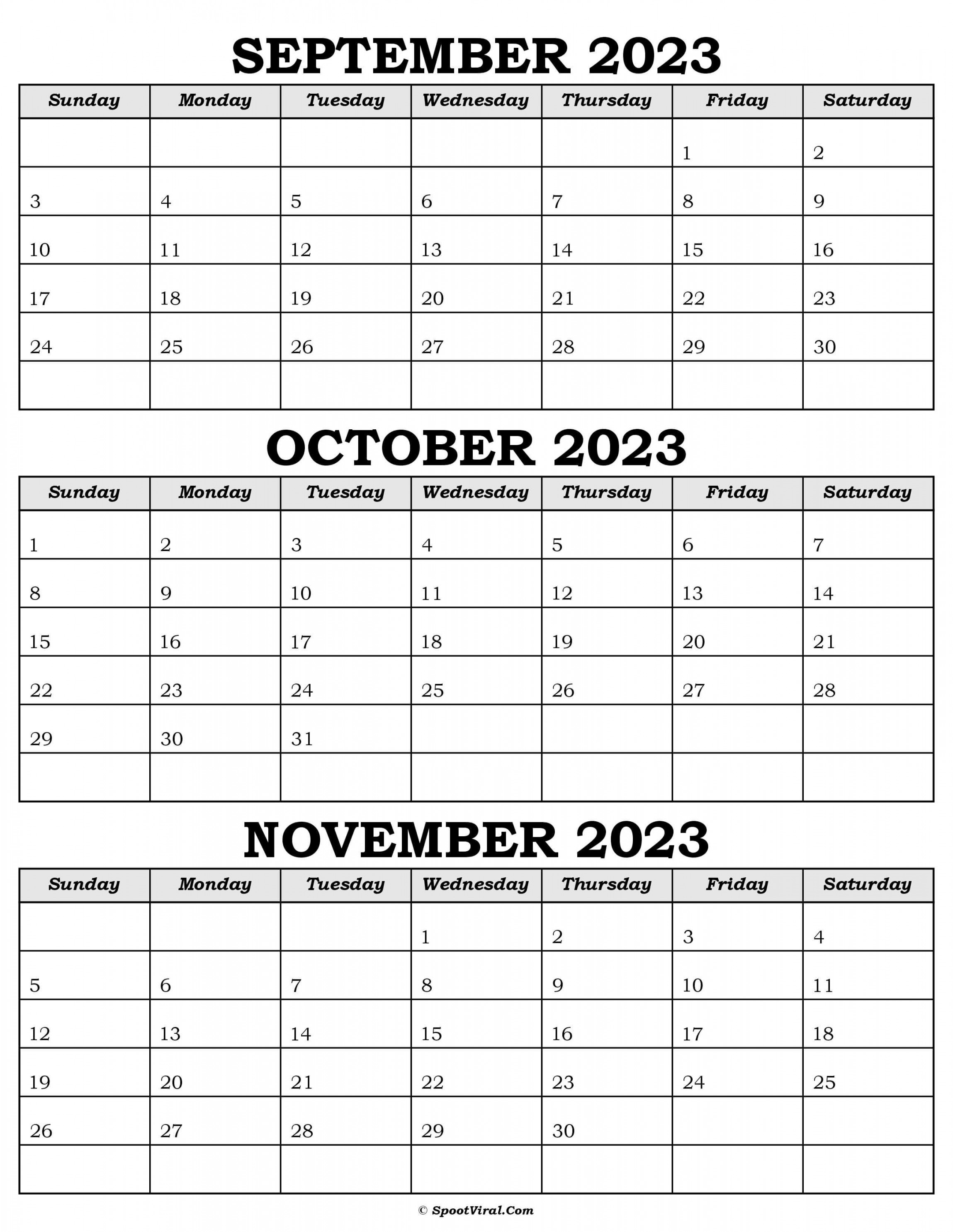September To November  Calendar Templates - SpootViral