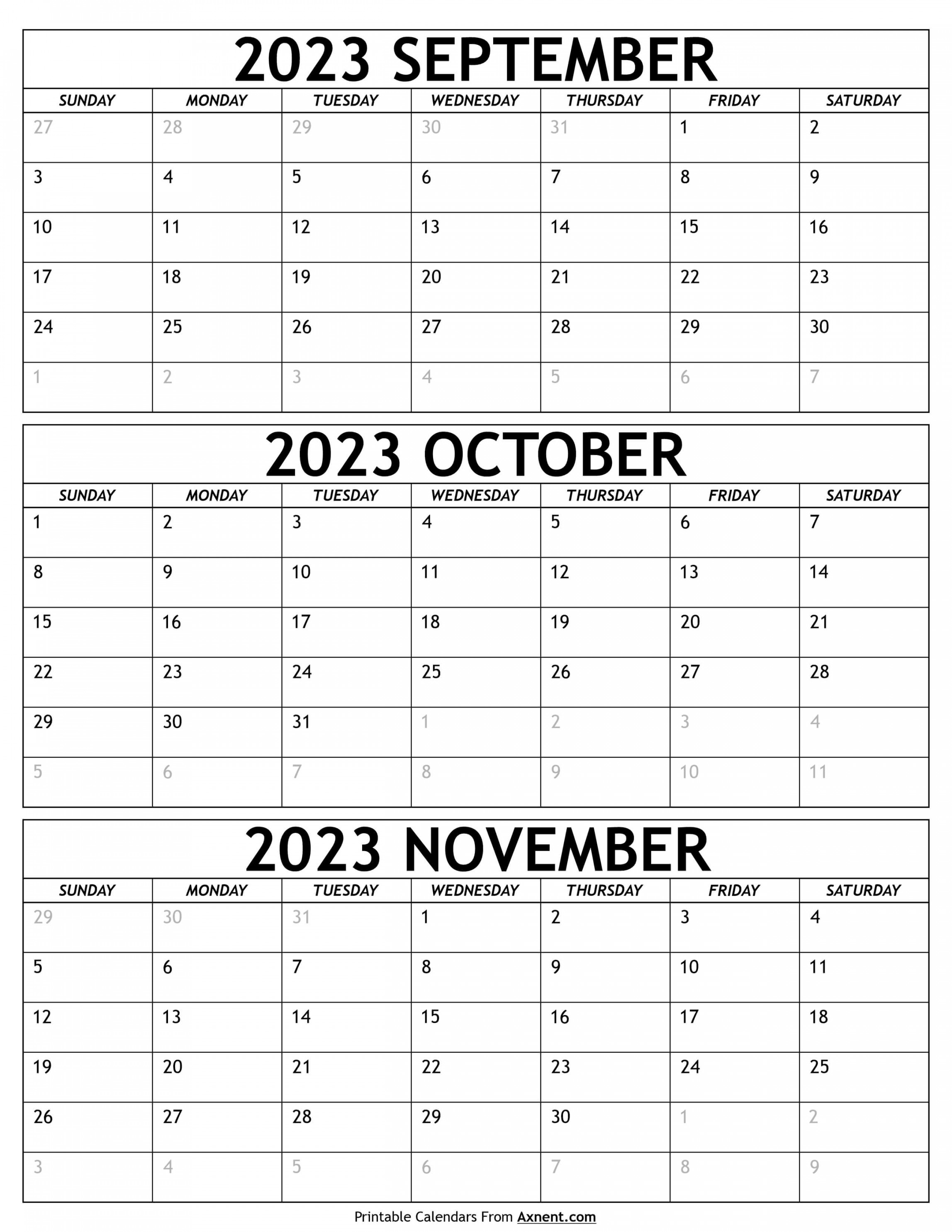 September To November  Calendar Templates - Three Months