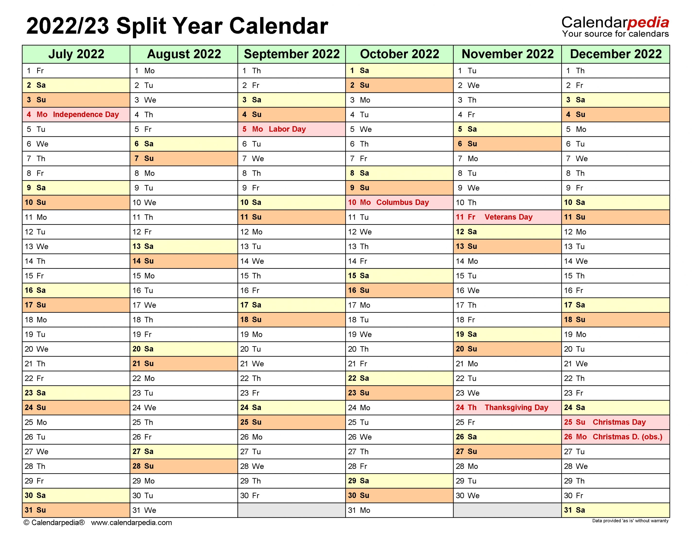 Split Year Calendars / (July to June) - PDF templates