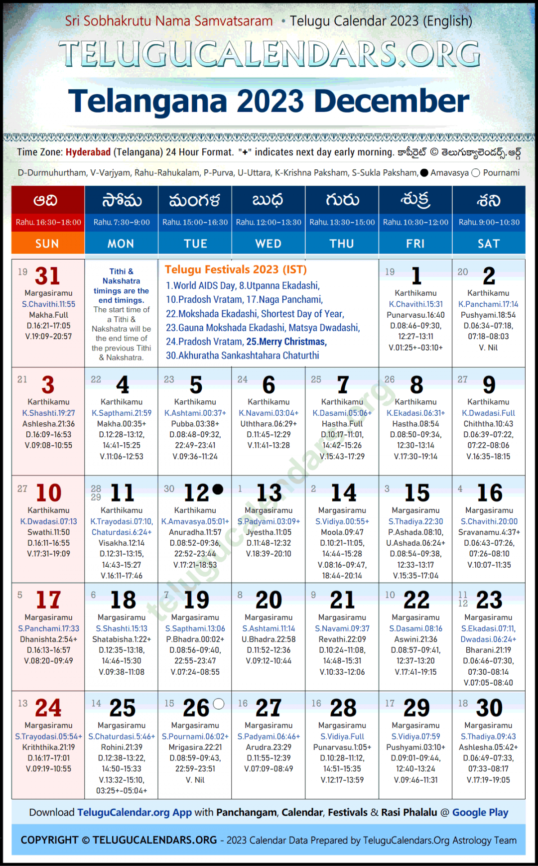 Telangana  December Telugu Calendar Festivals & Holidays in