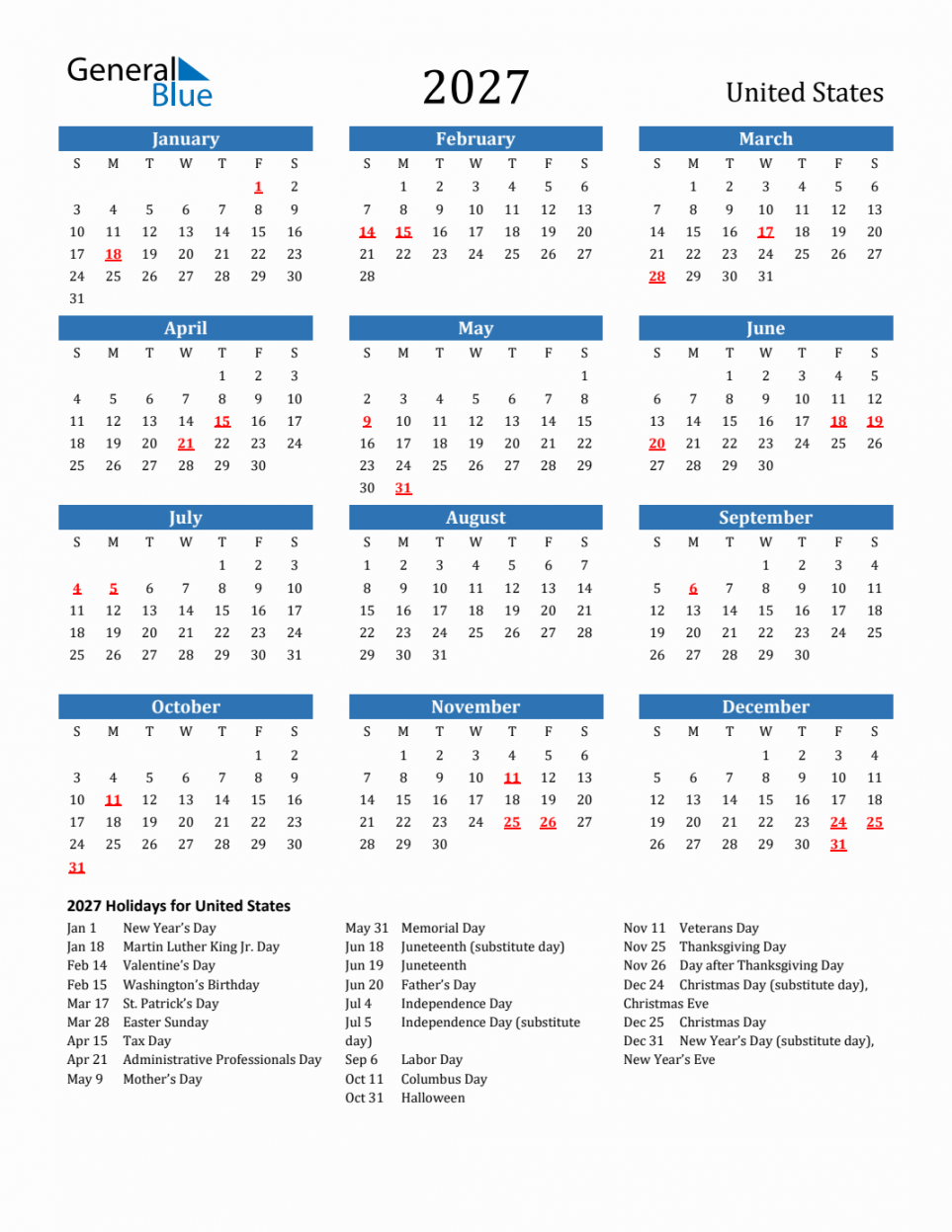 United States Calendar with Holidays