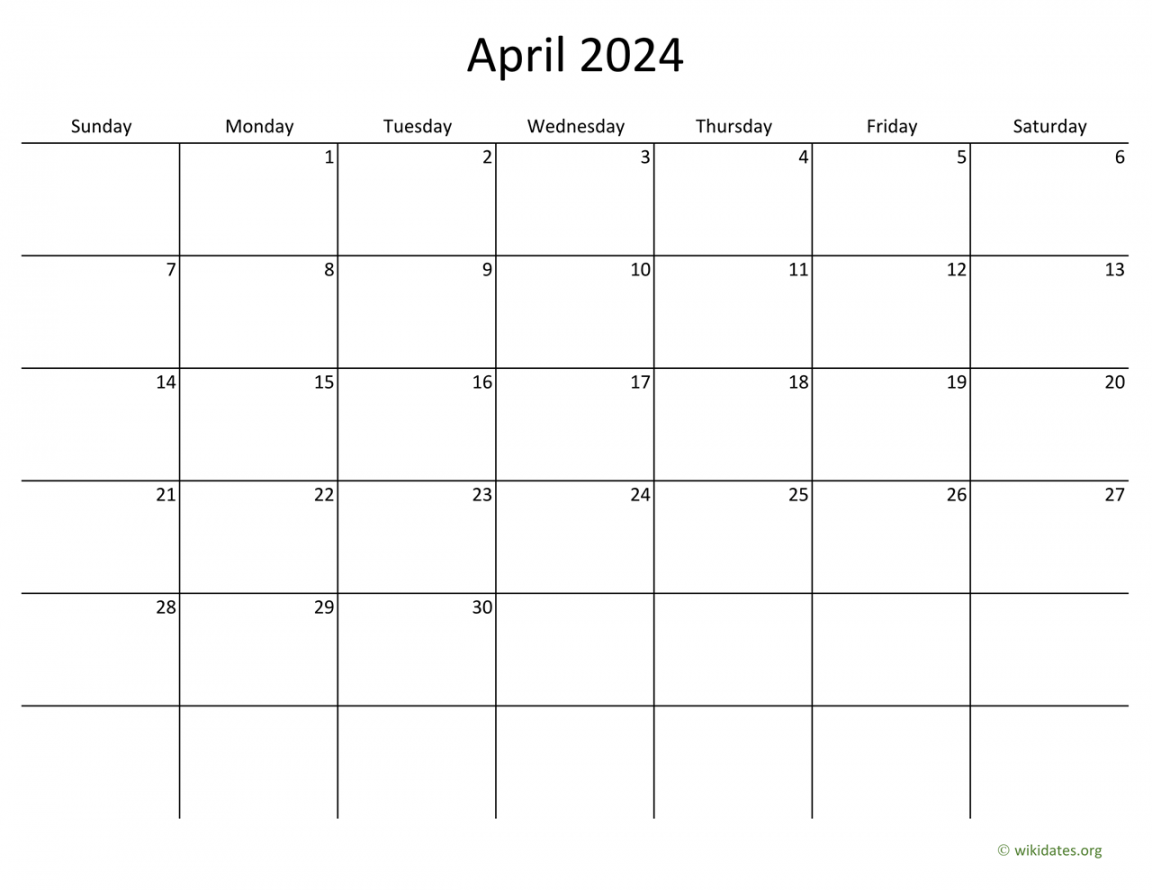 April  Calendar with Bigger boxes  WikiDates