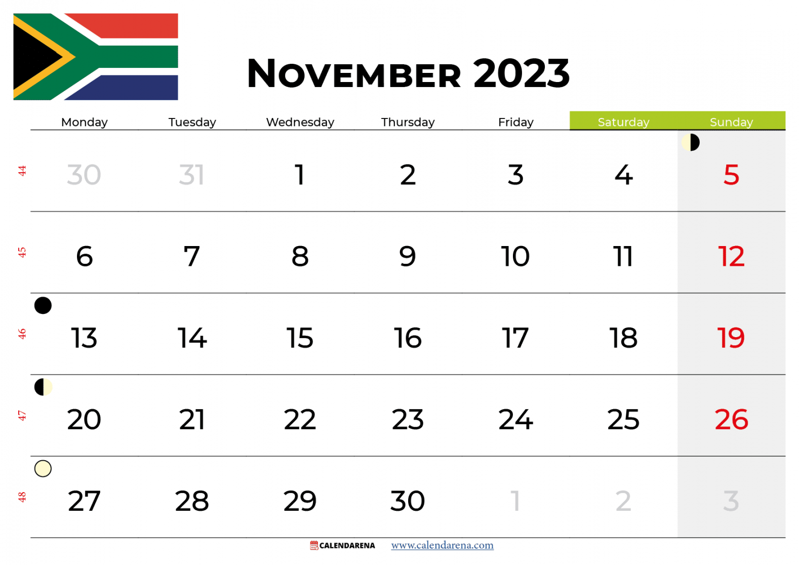 Free November  Calendar South Africa With Holidays