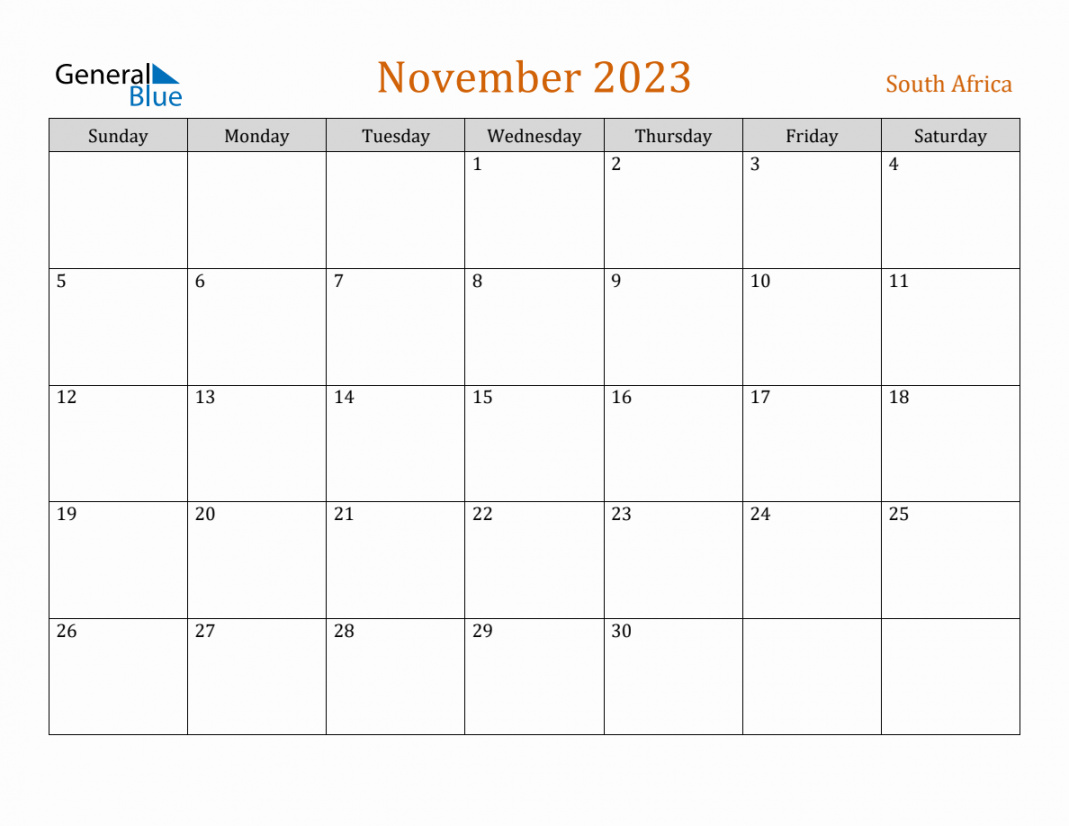 Free November  South Africa Calendar