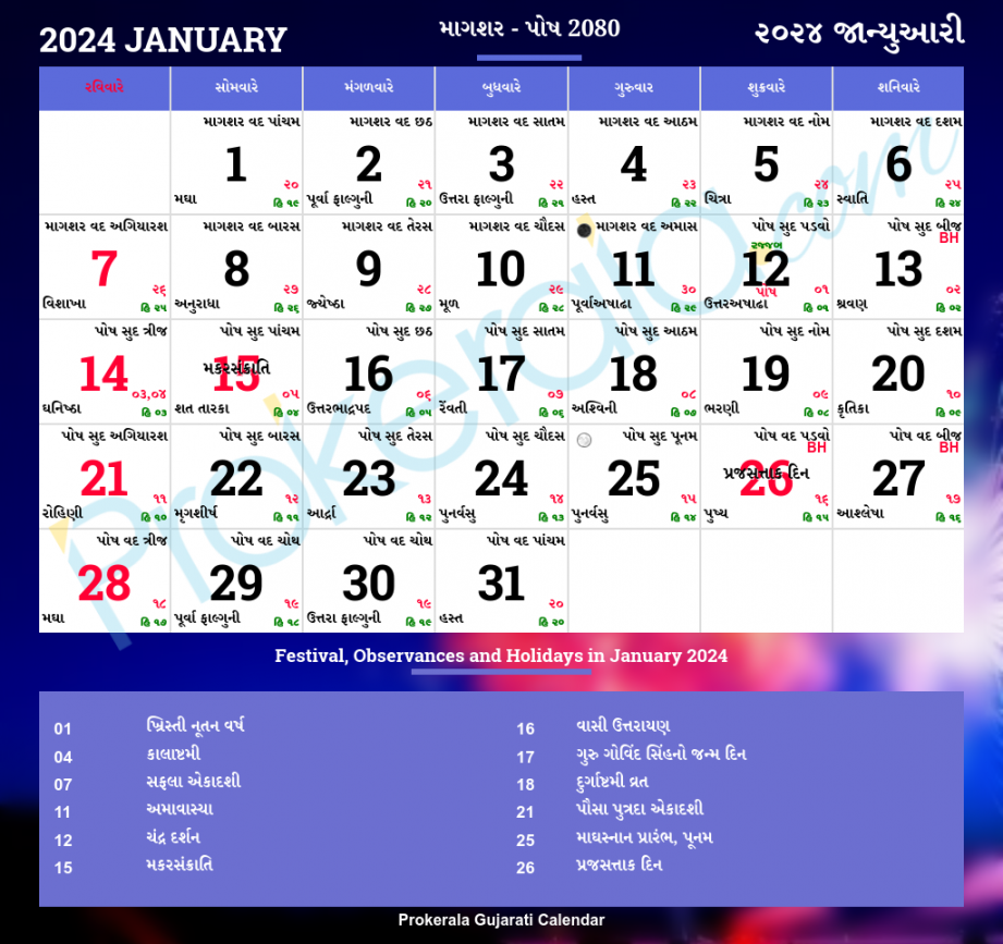 Gujarati Calendar January,   Vikram Samvat , Magshar, Posh