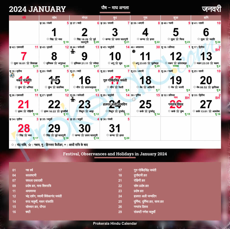 Hindu Calendar , January