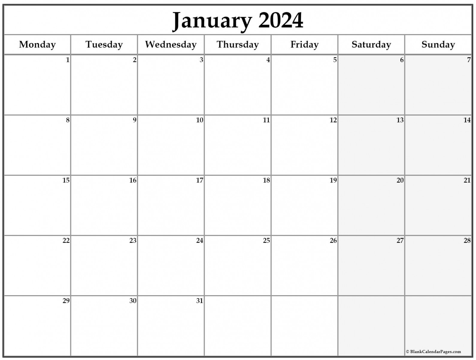 january monday calendar monday to sunday 1