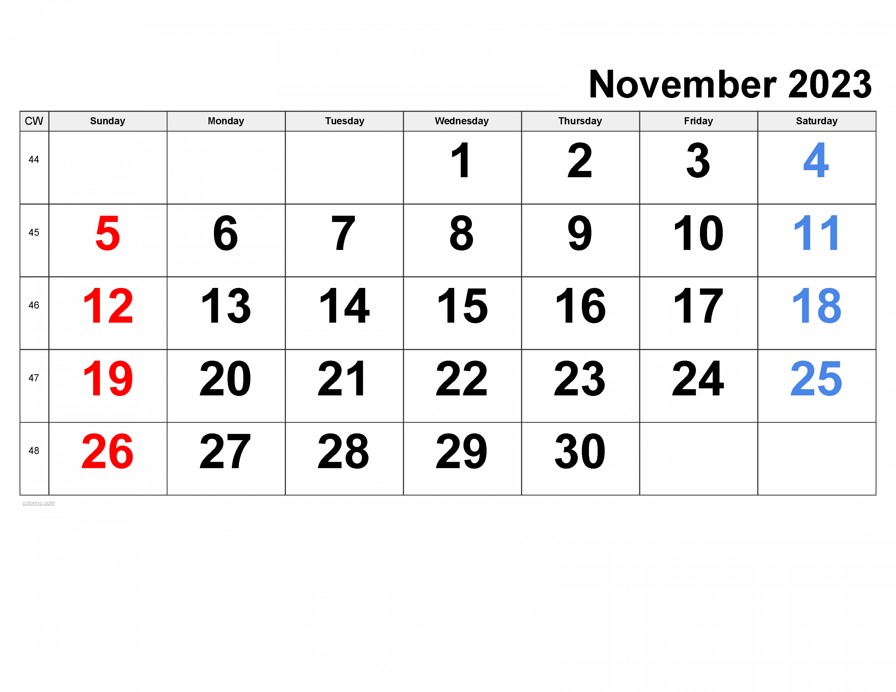 November  Calendar  Free Printable PDF, XLS and PNG