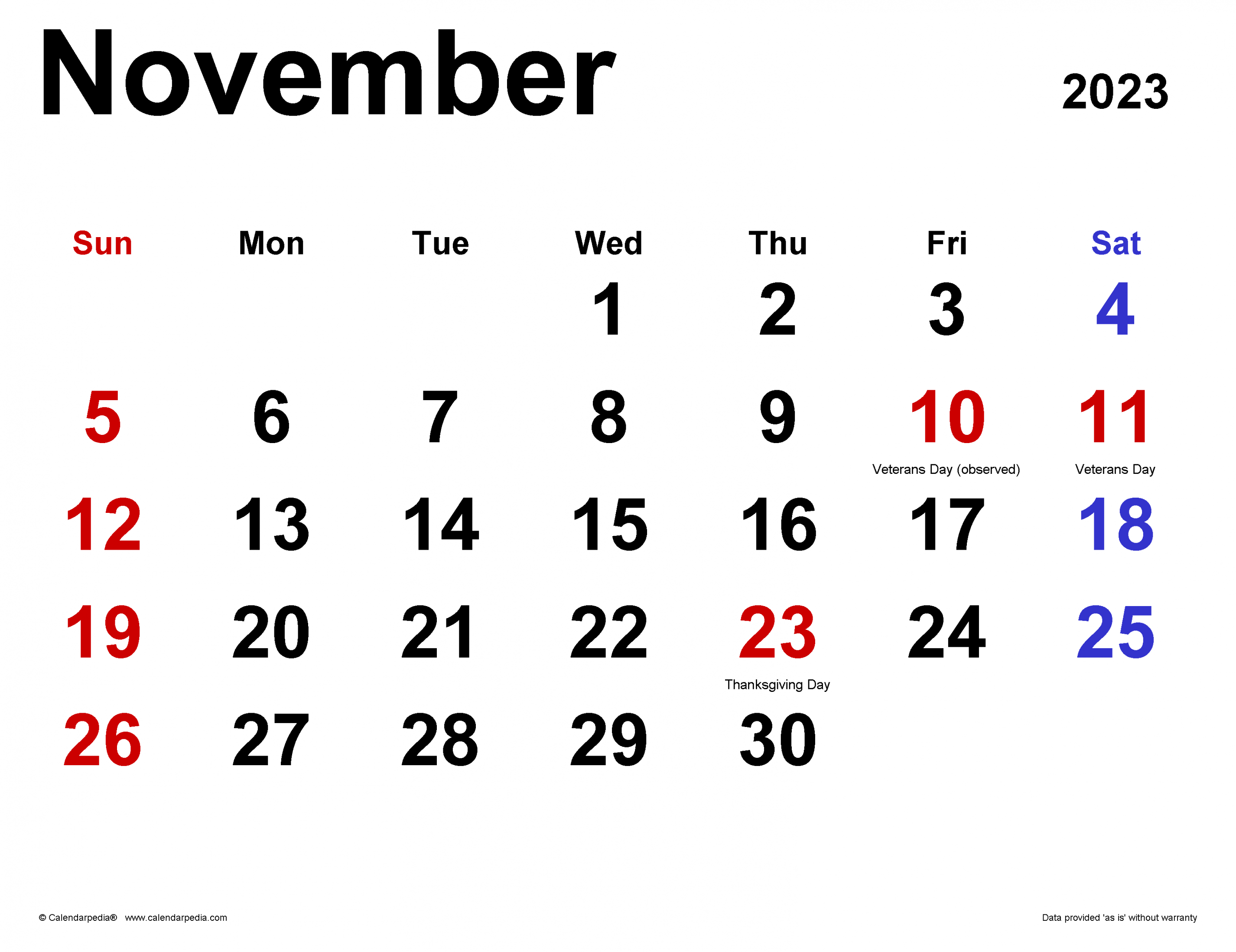 November  Calendar  Templates for Word, Excel and PDF