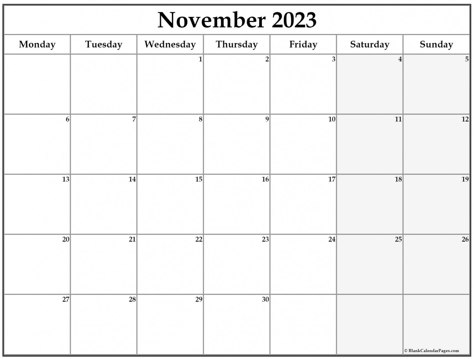 November  Monday Calendar  Monday to Sunday