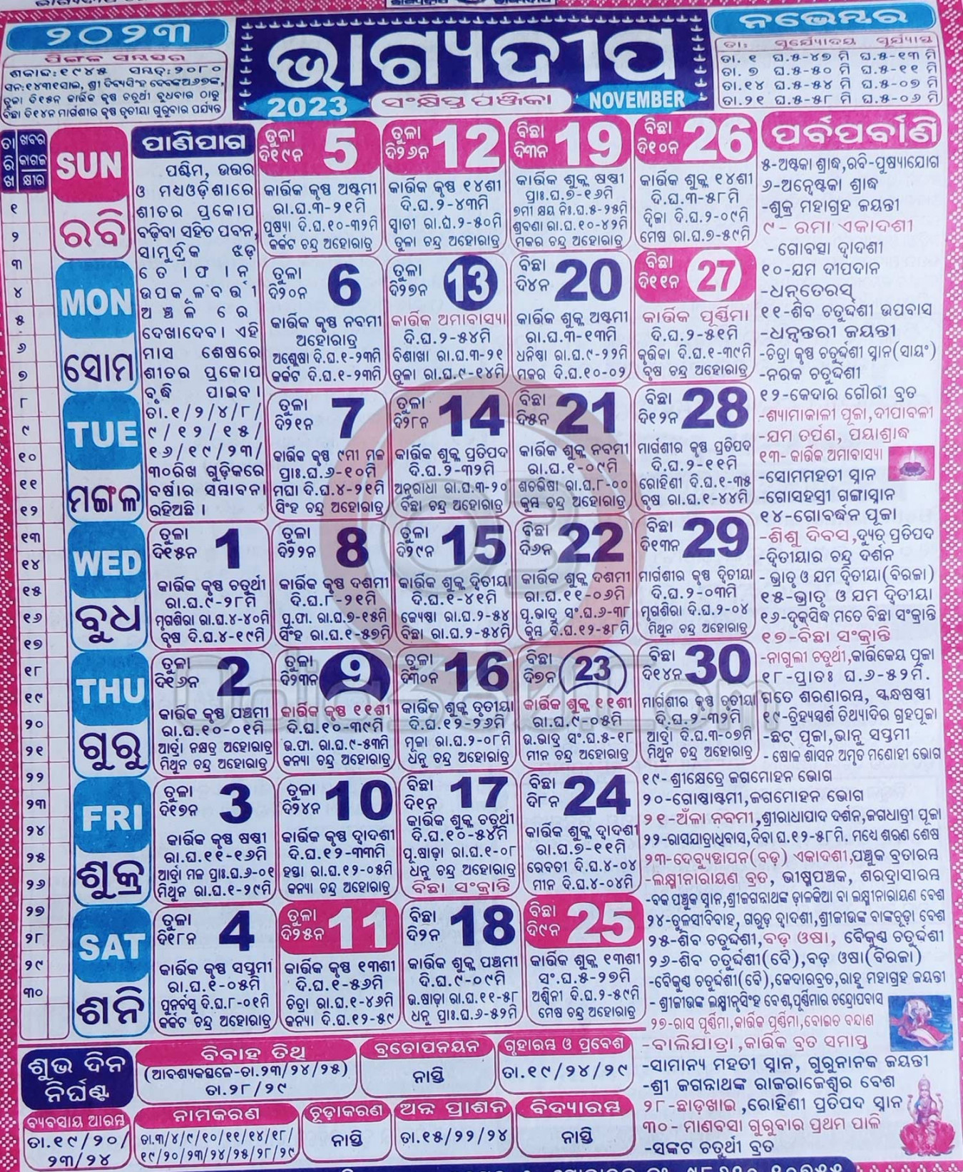 November Month Bhagyadeep Odia Calendar Panji Download