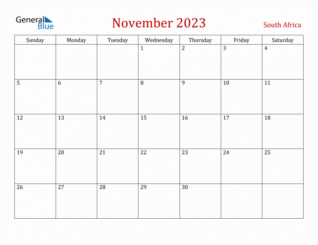 November  South Africa Monthly Calendar with Holidays