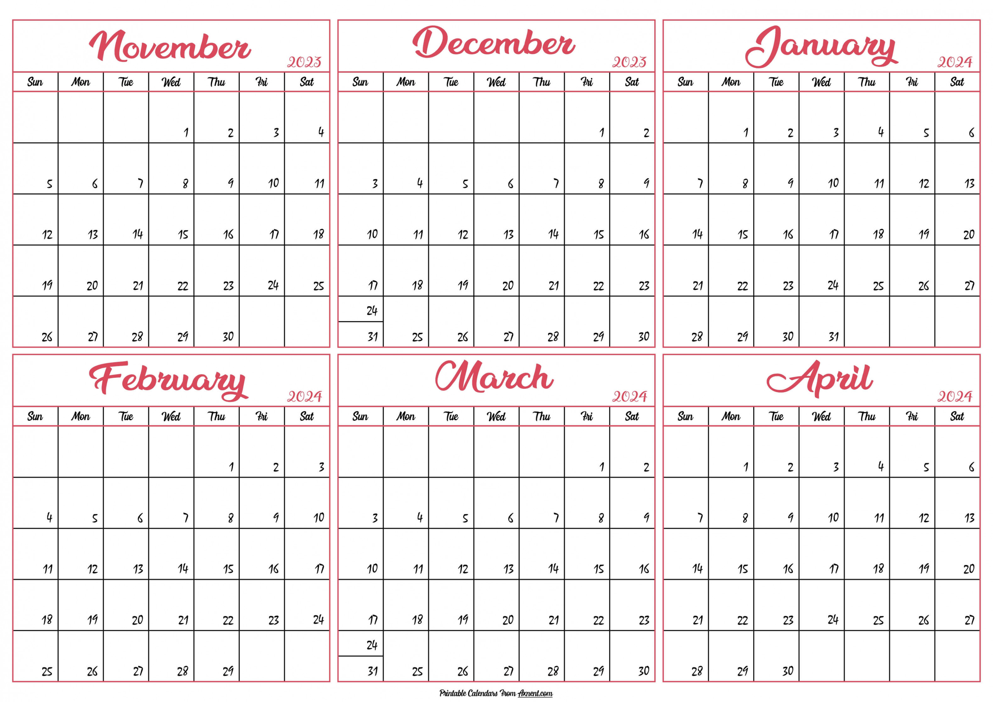 November  To April  Calendar Templates - Six Months