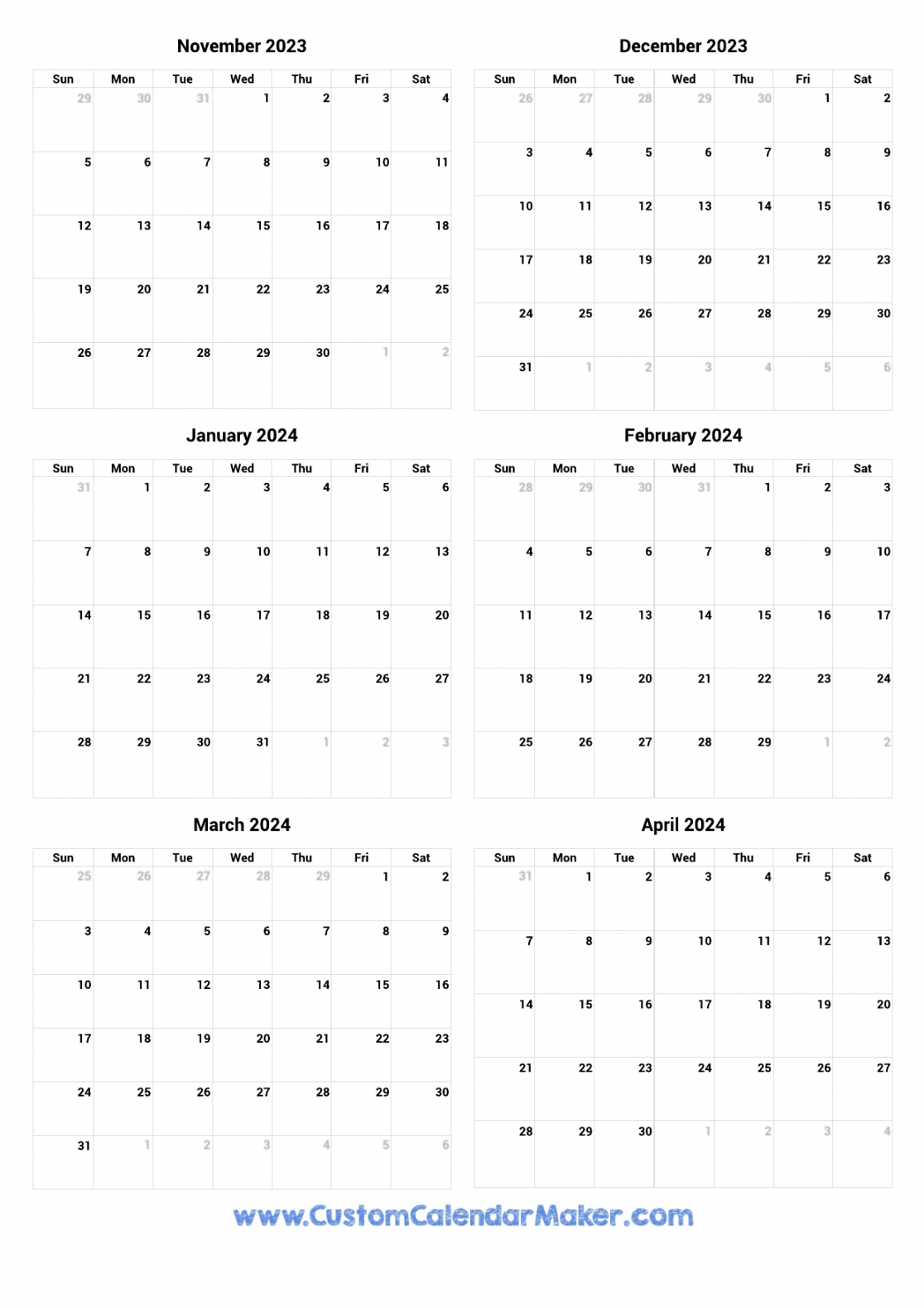 November  to April  Printable Calendar