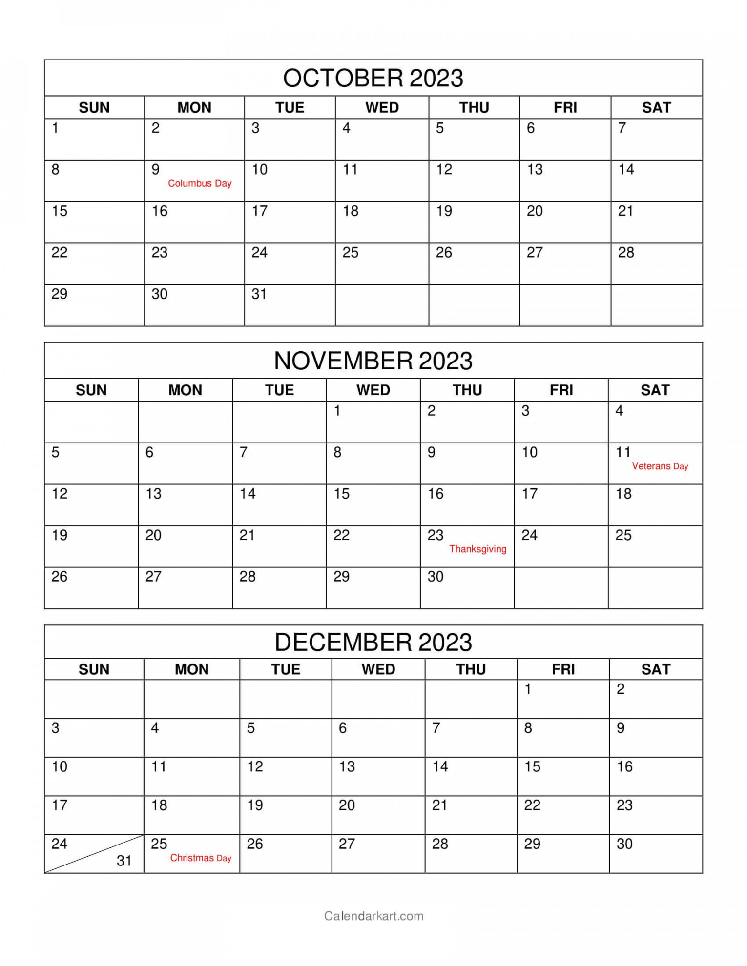 October to December  Calendar (Q) - CalendarKart