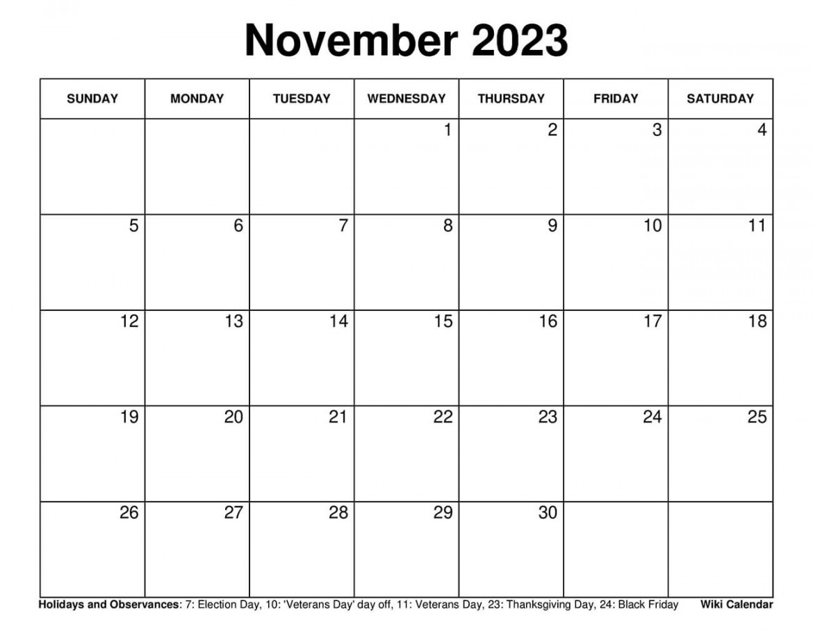 Printable November  Calendar Templates with Holidays - Wiki