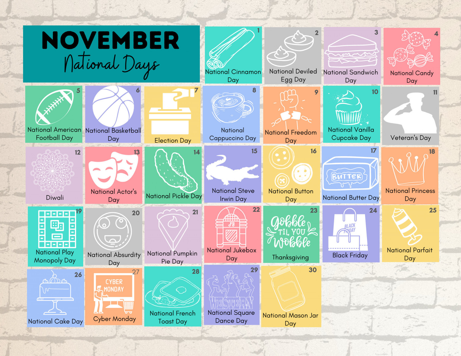 PRINTABLE NOVEMBER  National Days Calendar Fun Family