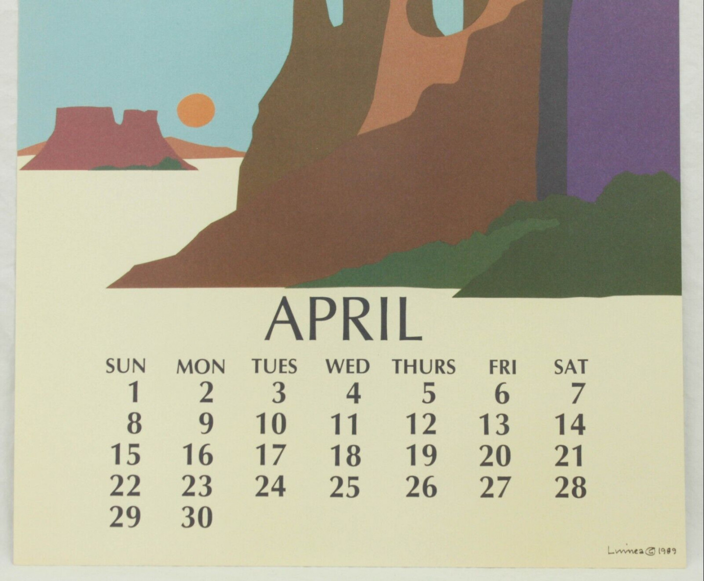 APRIL  Landscape Vintage Primitive Lithograph Folk Art Calendar Poster
