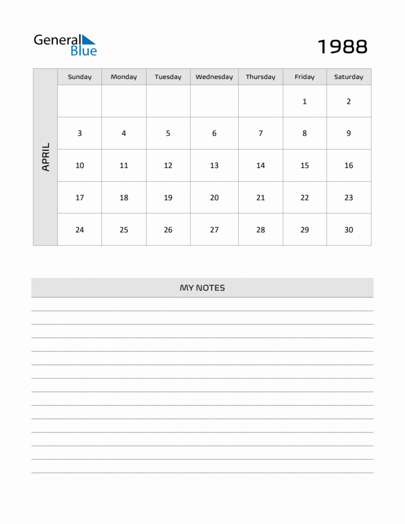april printable monthly calendar with notes 2