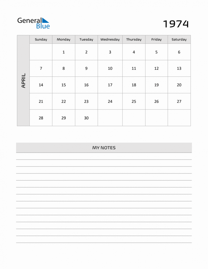 April  Printable Monthly Calendar with Notes