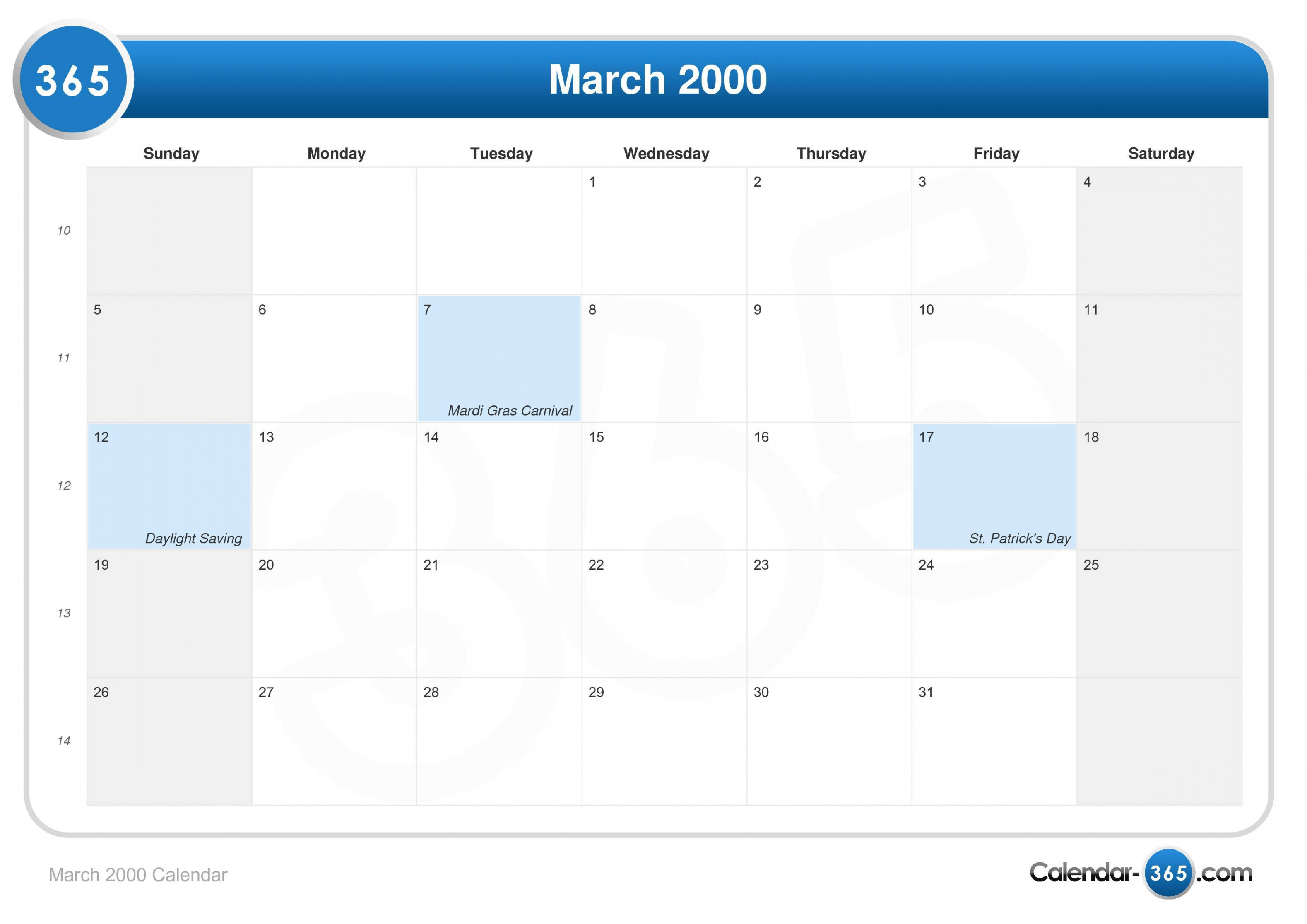 Calendar For March