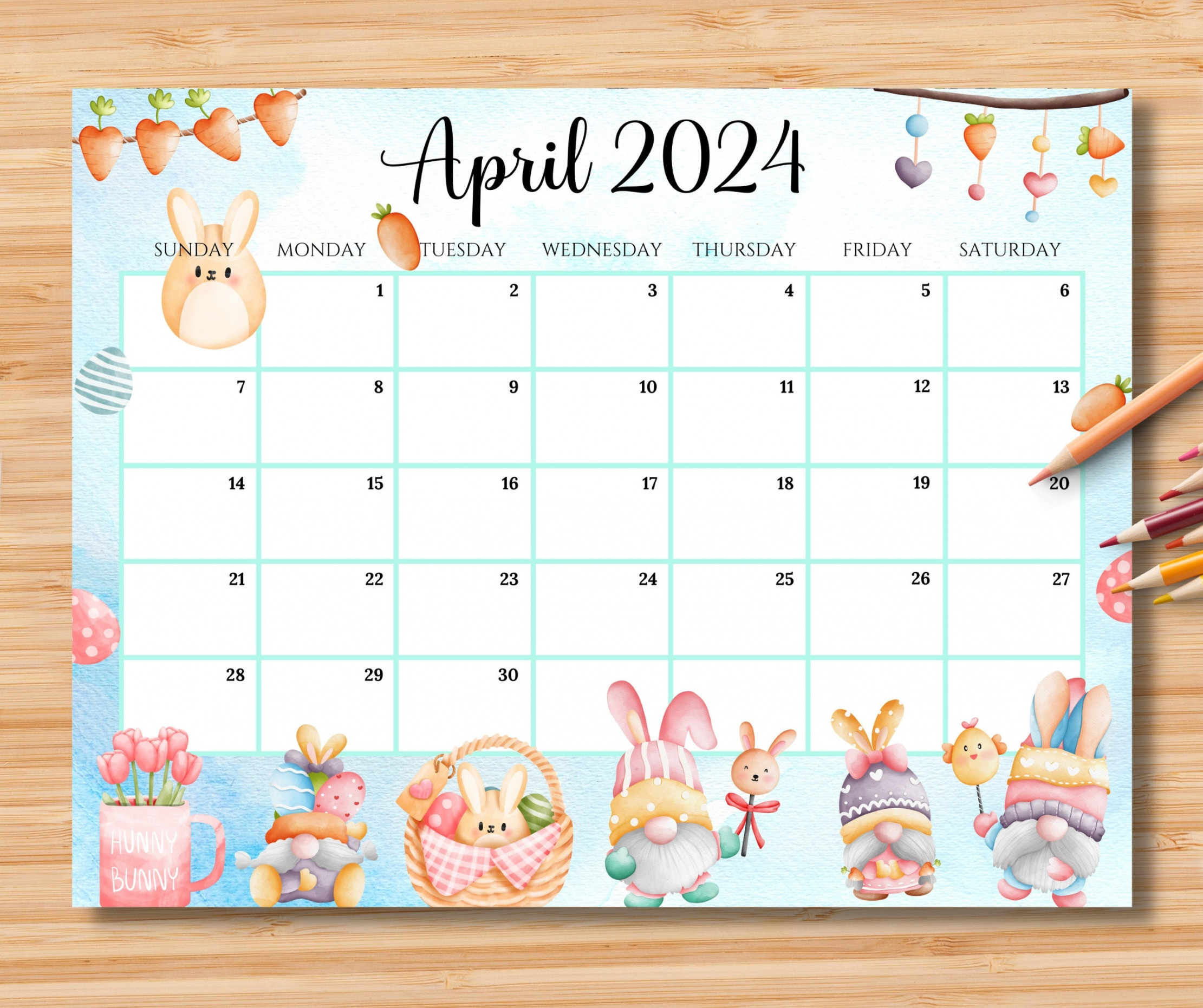 editable april calendar happy easter day with cute gnomes 1