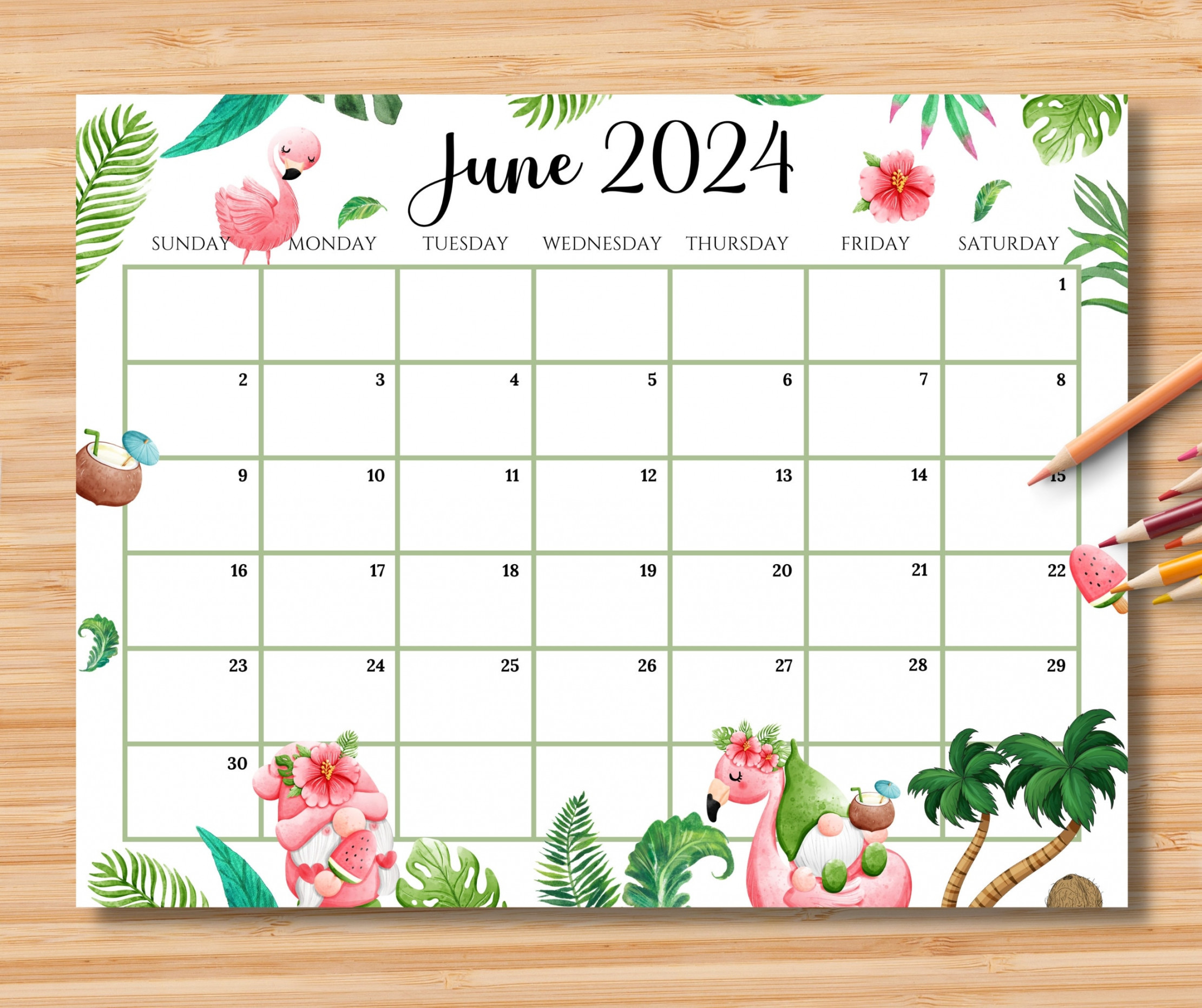 editable june calendar joyful summer with cute gnomes