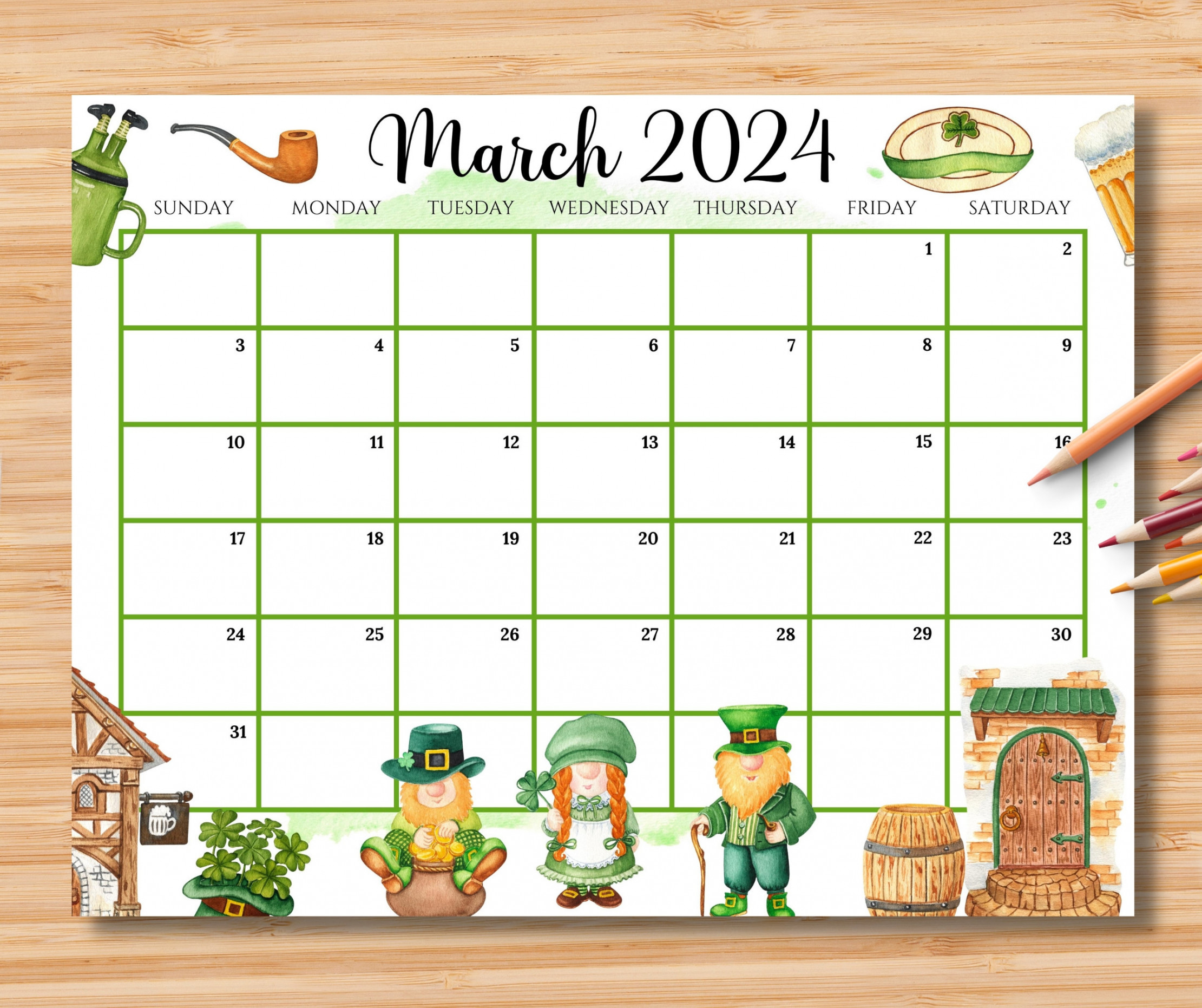 EDITABLE March  Calendar, Happy St