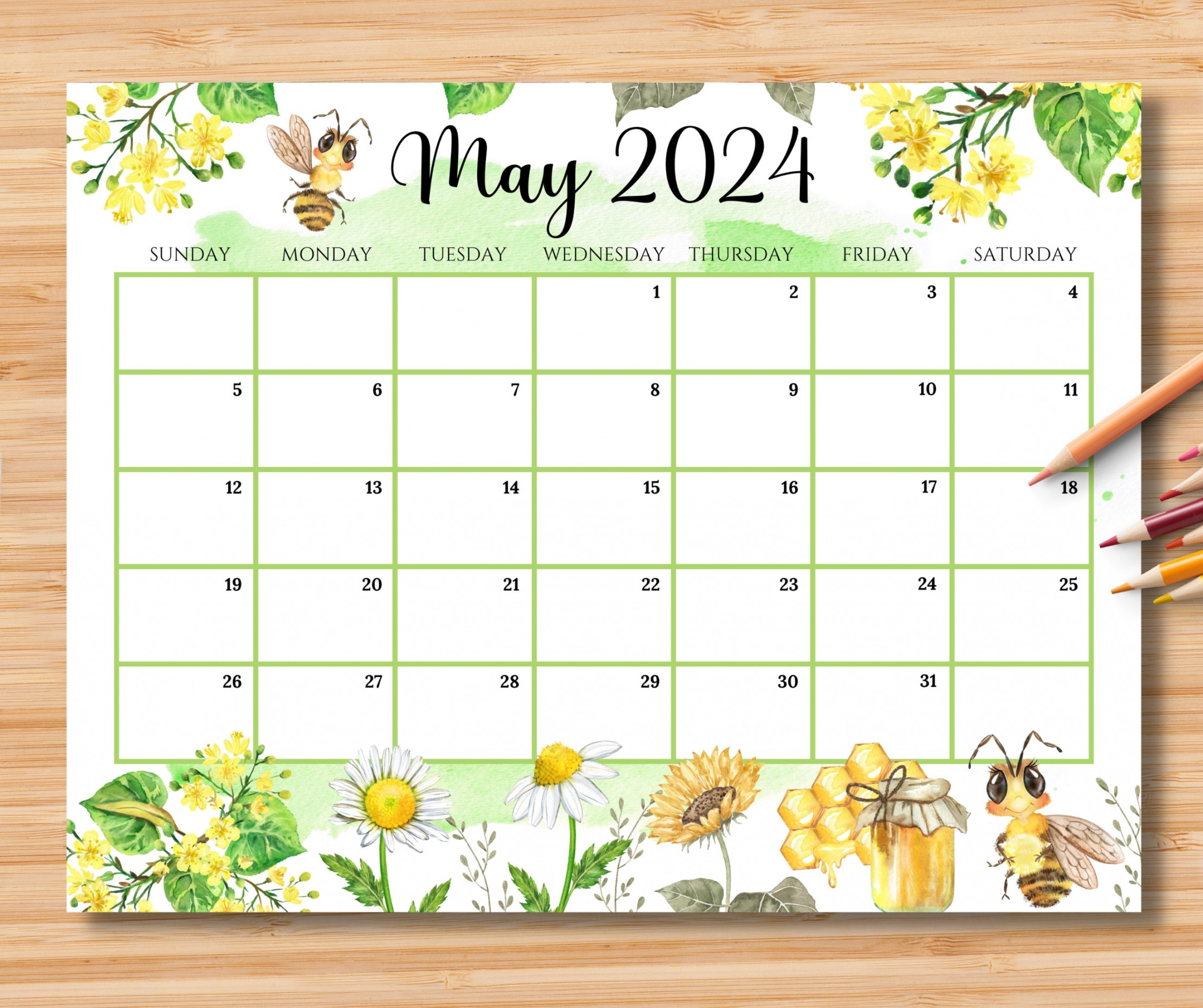 EDITABLE May  Calendar, Hello Spring With Cute Honey Bees