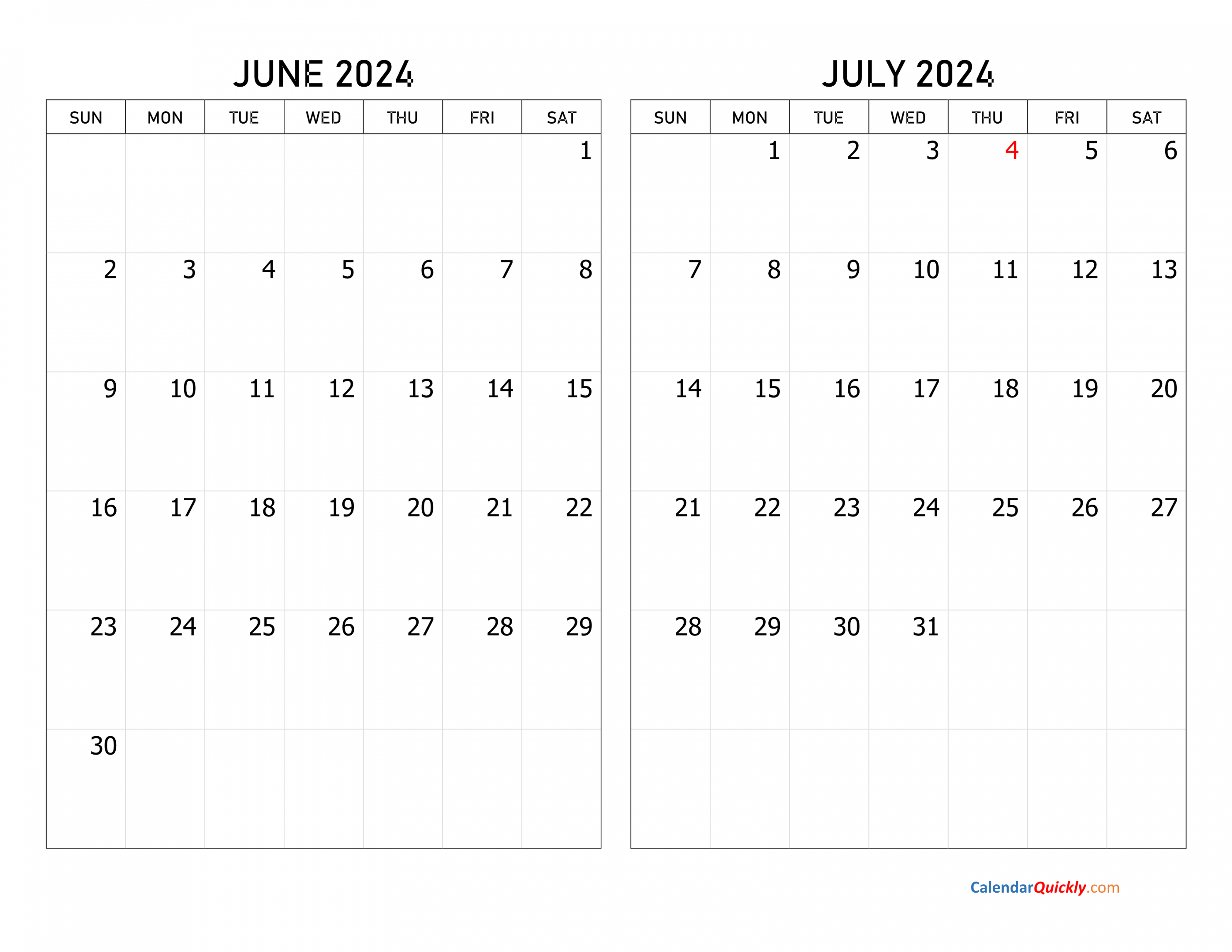 June and July  Calendar  Calendar Quickly