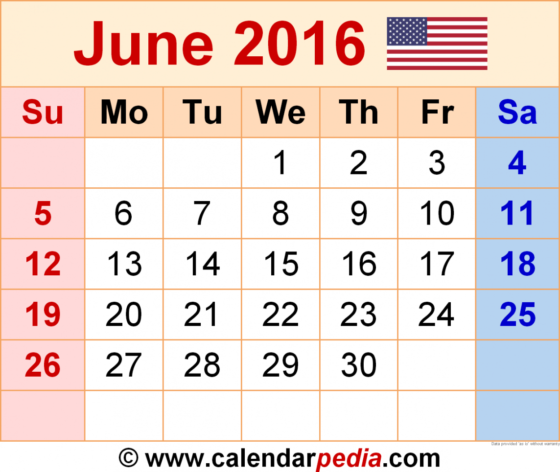June  Calendar  Templates for Word, Excel and PDF